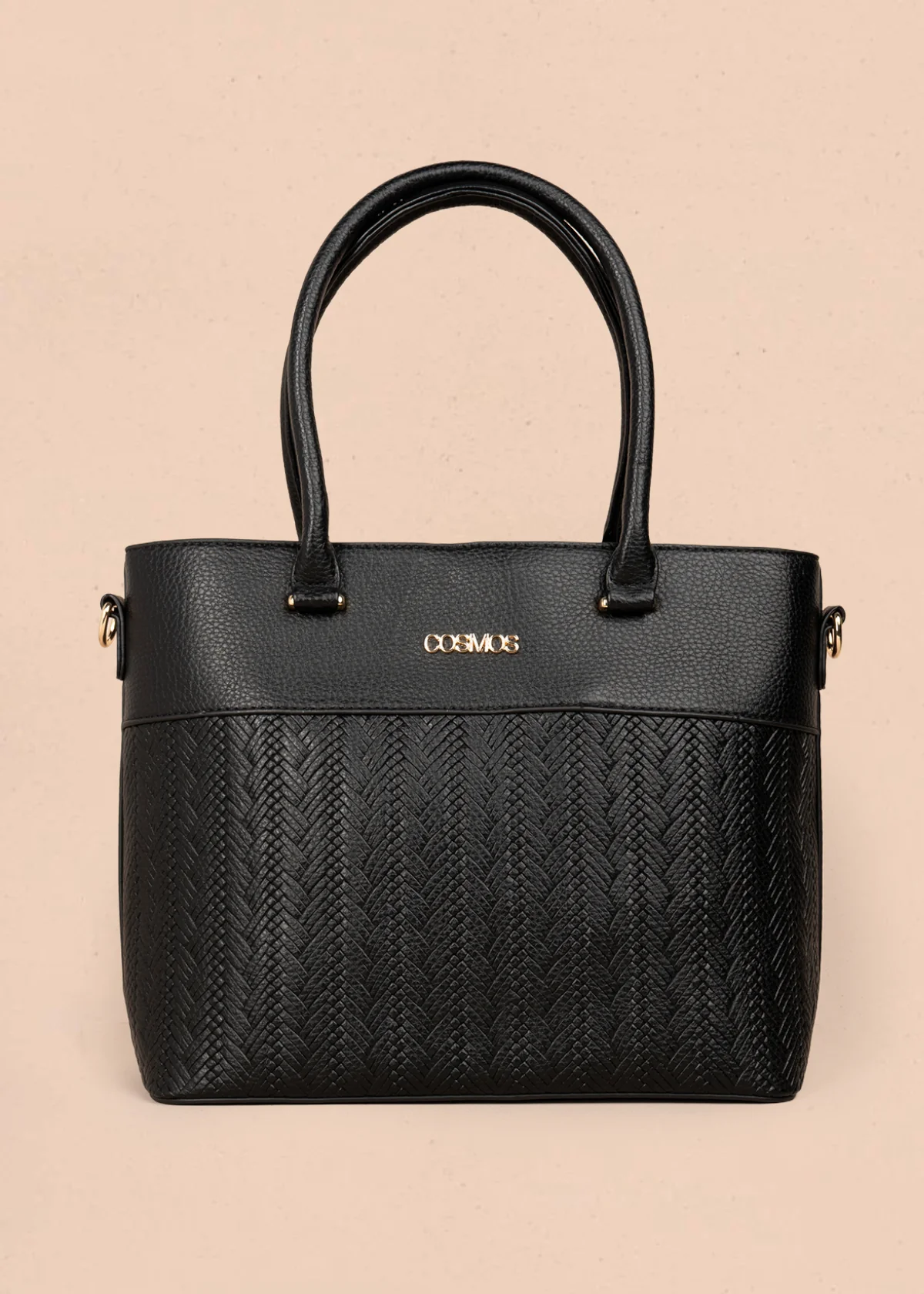 Bolso tipo shopping color negro con grabado tipo espiga 106289