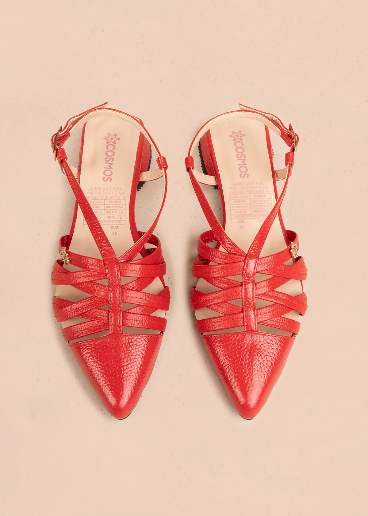Tacones trabilla en cuero color rojo con tiras entrecruzadas 106559 - Image 2