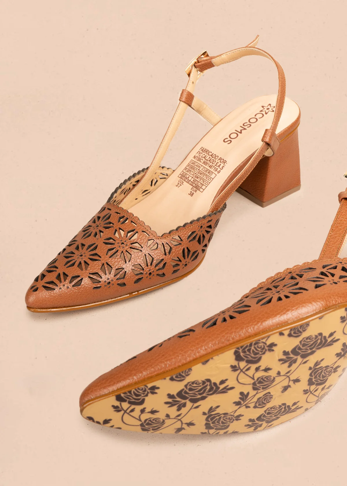 Tacones trabilla en cuero color miel con perforaciones florales 106512 - Image 6