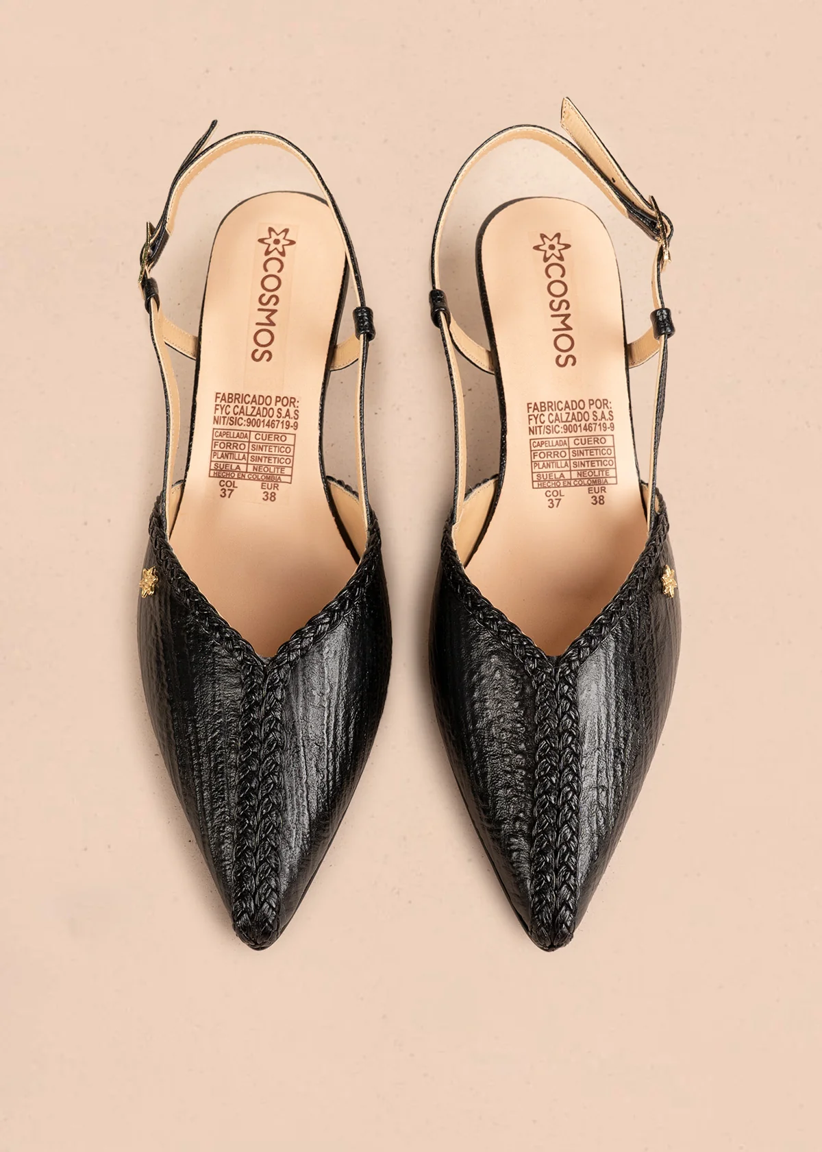 Tacones trabilla de cuero color negro con trenzado decorativo 106504 - Image 4