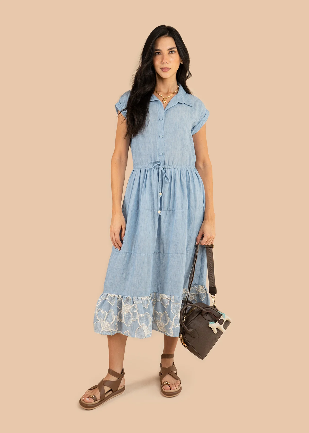 Vestido tipo midi color azul con bordado de flores 106222 - Image 4