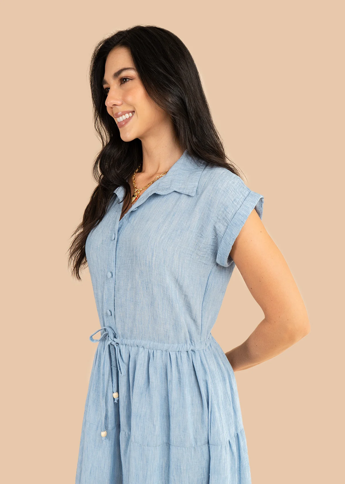Vestido tipo midi color azul con bordado de flores 106222 - Image 5
