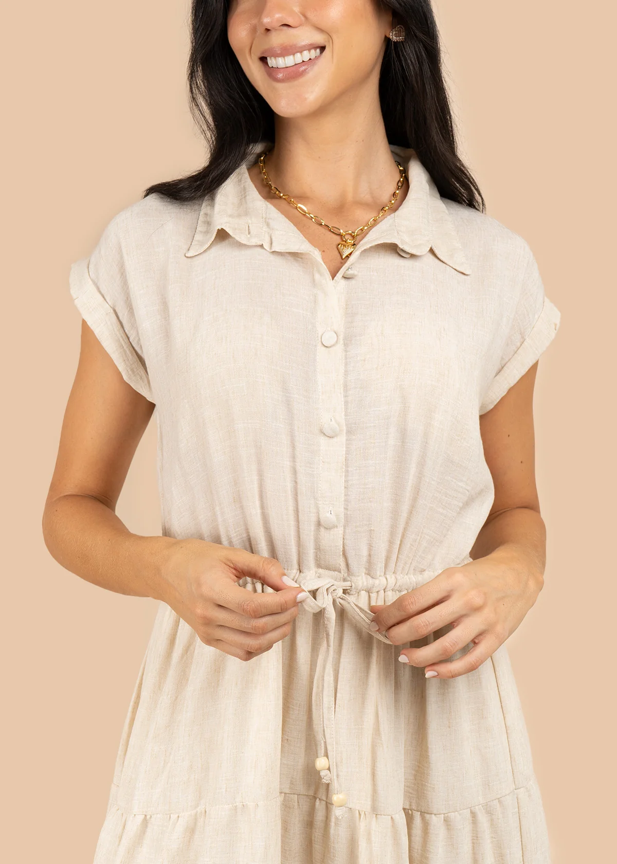 Vestido tipo midi color beige con bordado de flores 106222 - Image 2