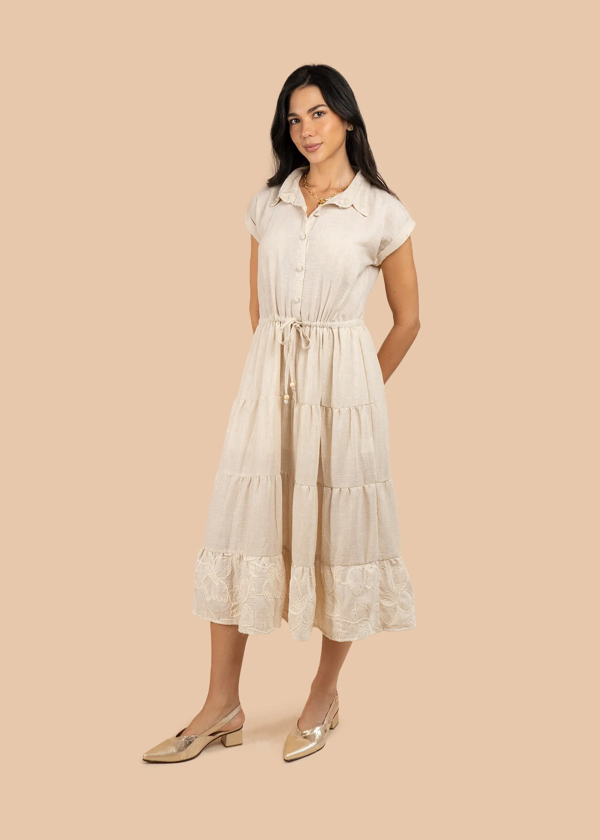 Vestido tipo midi color beige con bordado de flores 106222 - Image 3