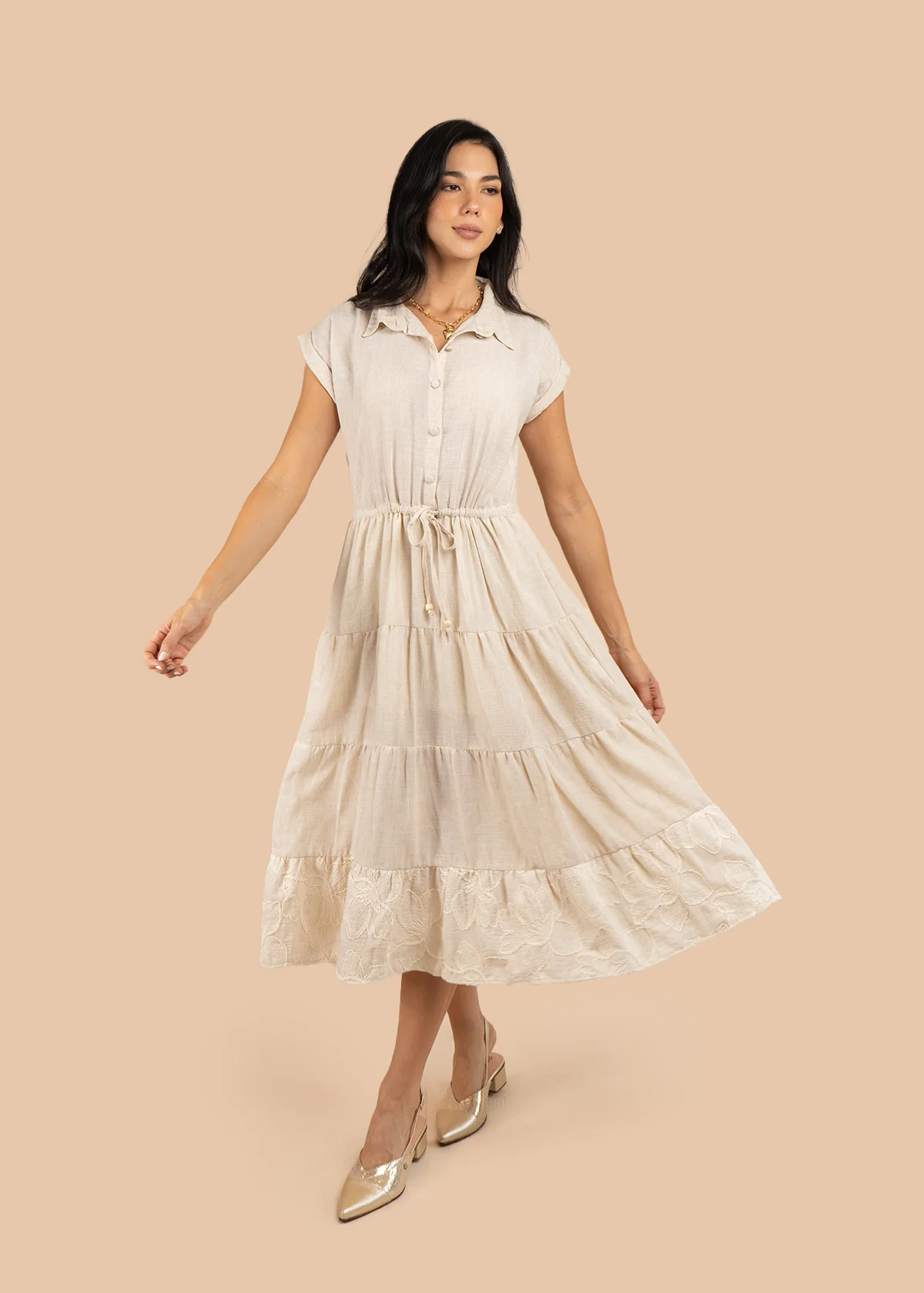 Vestido tipo midi color beige con bordado de flores 106222 - Image 5