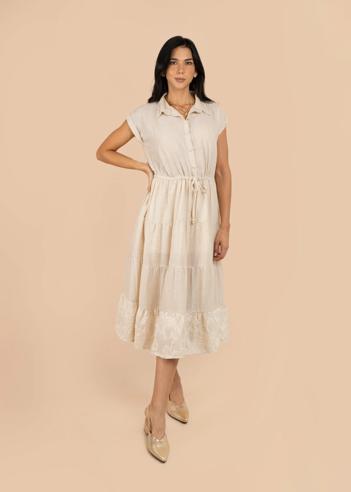 Vestido tipo midi color beige con bordado de flores 106222 - Image 6