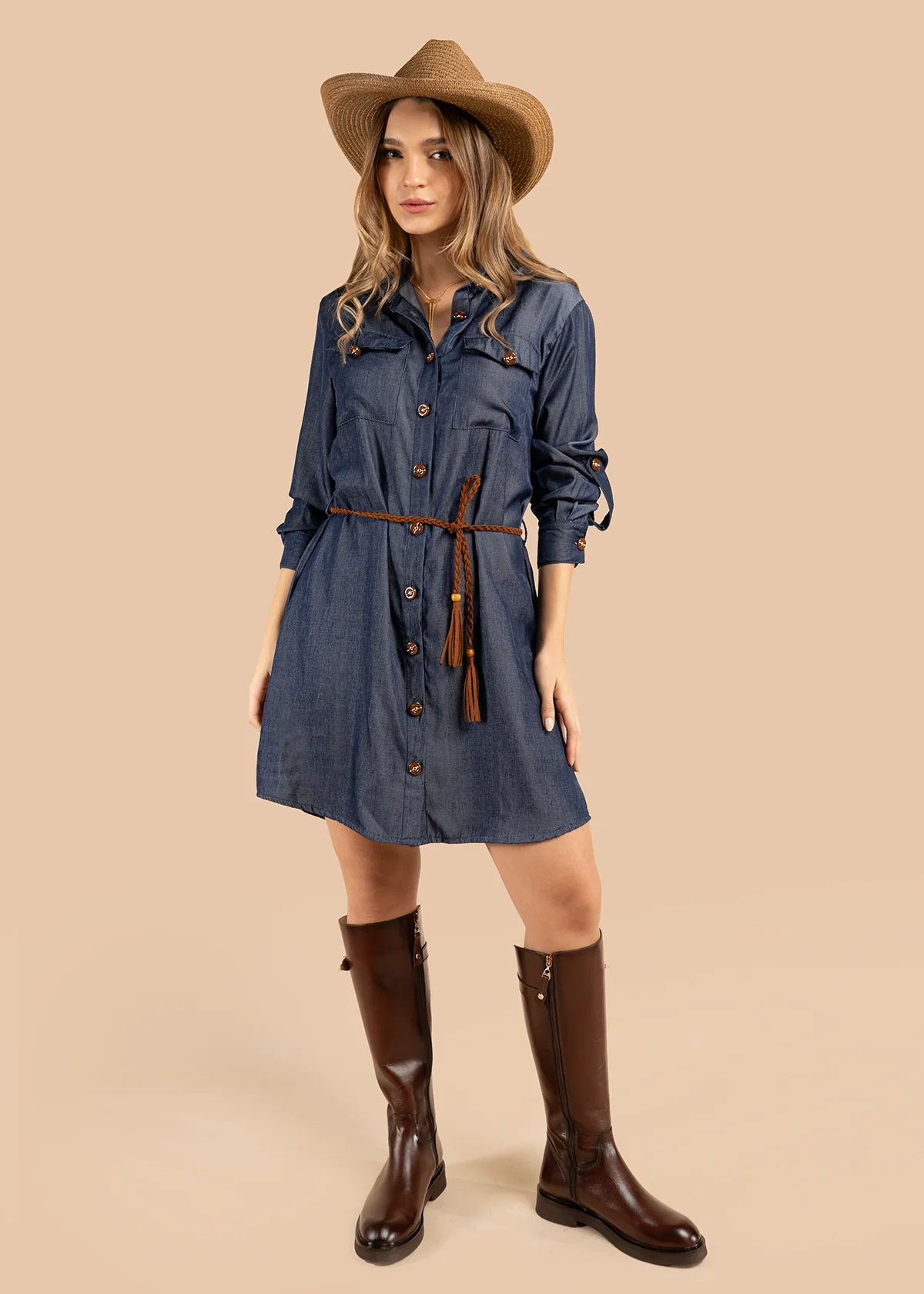 Vestido color azul con botones frontales y cinturón trenzado café 105854 - Image 3