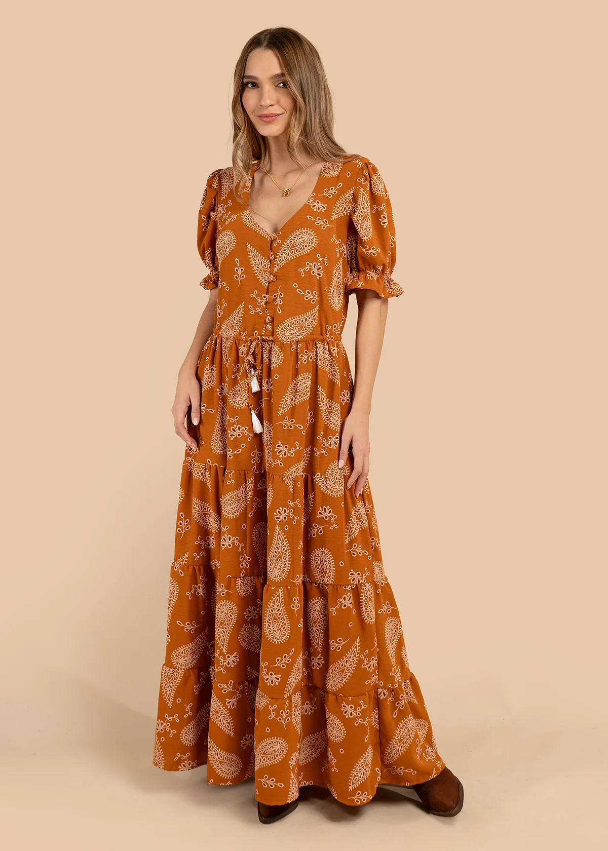 Vestido largo color terracota con diseño floral y cinturón ajustable 105972 - Image 5