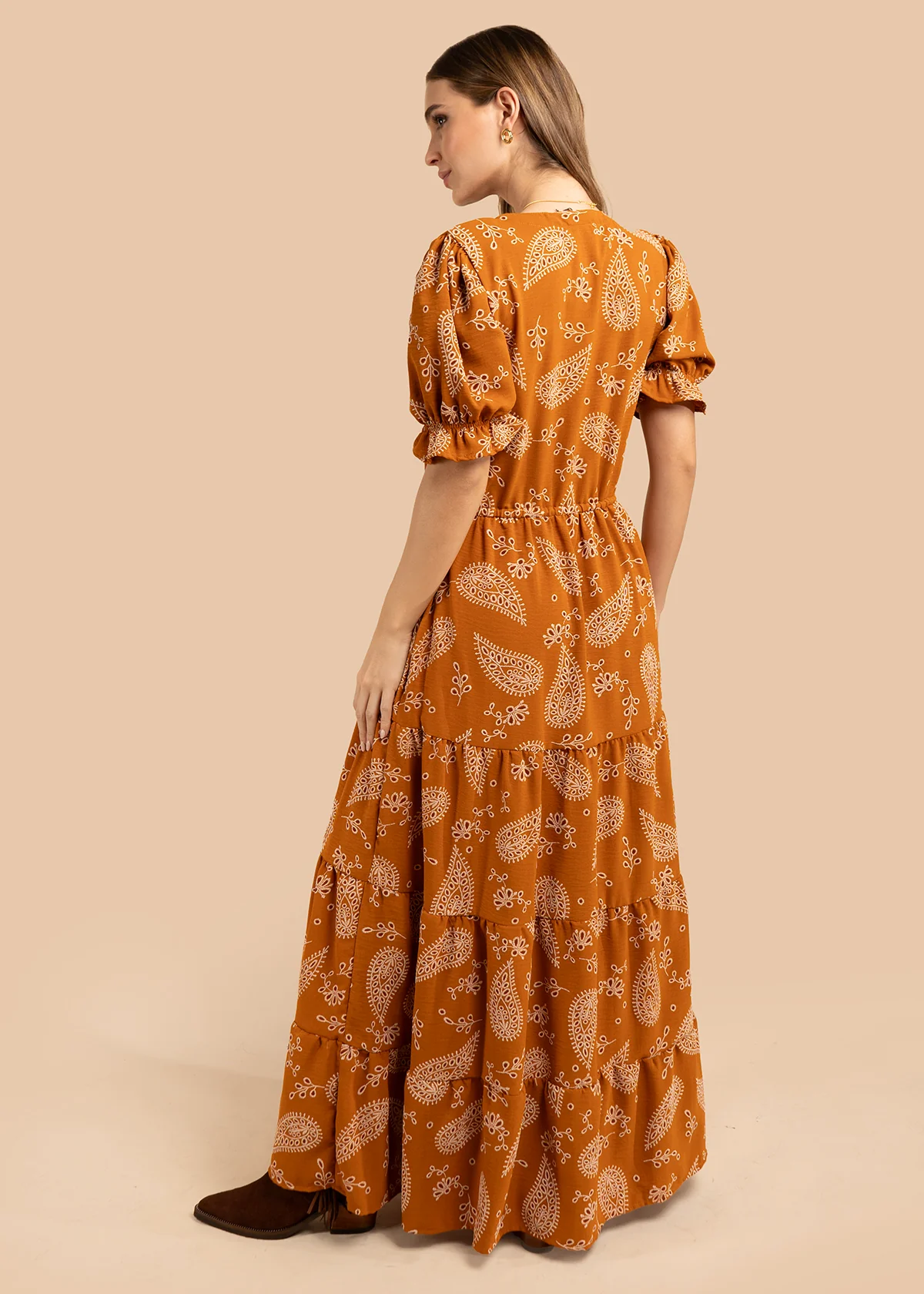 Vestido largo color terracota con diseño floral y cinturón ajustable 105972 - Image 6